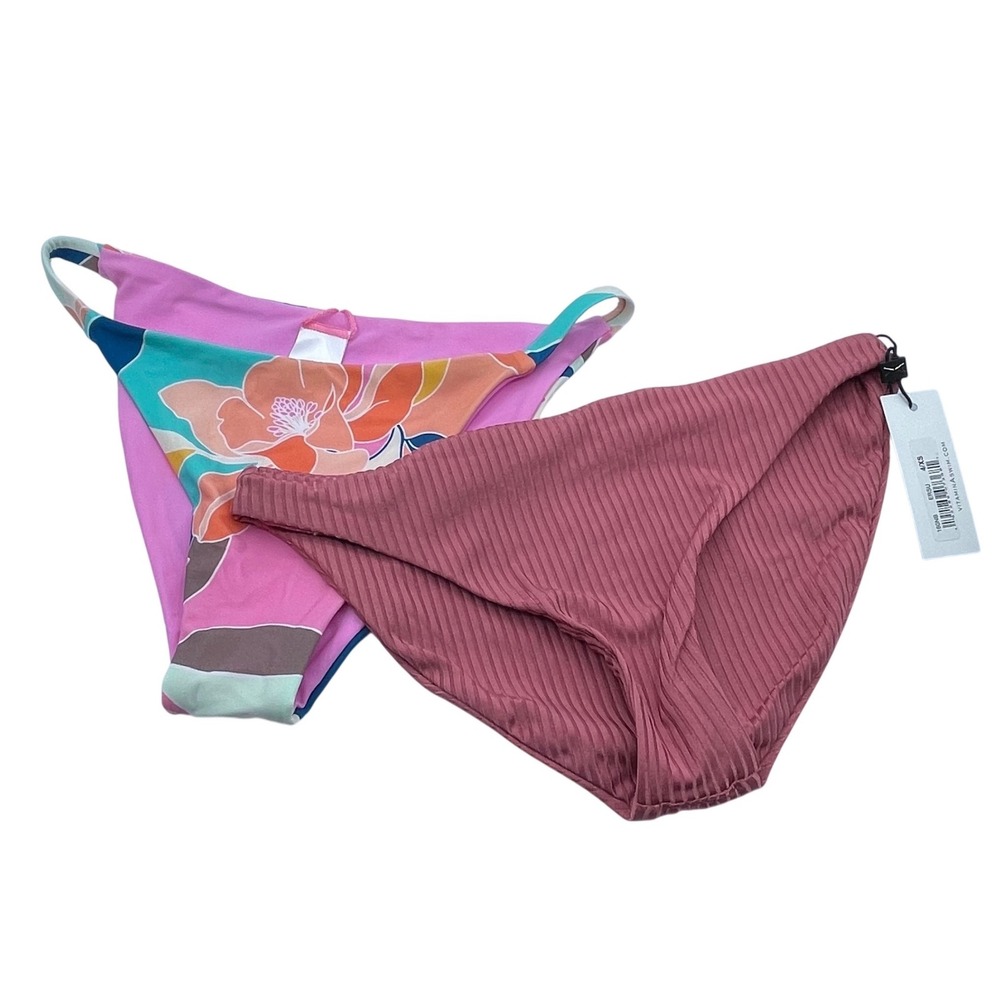 Vitamin A Bikini Bottom Set XS 4 Rosewood Ribbed & Floral Pink Teal 2 Pack NEW